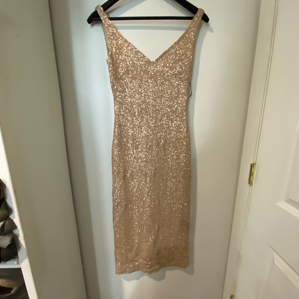 Rose gold sequin midi dress
